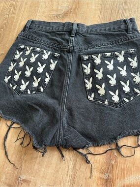 PLAYBOY Black Denim High-Rise Cutoff Shorts with Bunny Pocket Print